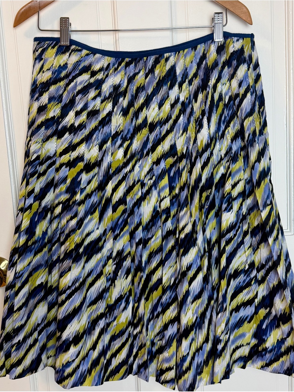 Alfani Women's Lined Blue Yellow Abstract Print Pleated Cotton Skirt, Size 12
